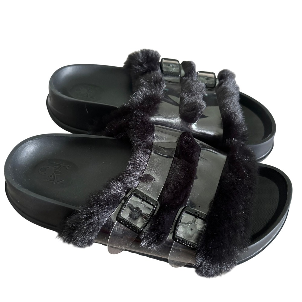 EUC KuaiLu Faux Fur Double Strap Slide Sandals Sz 7 Black Comfort Orthotic